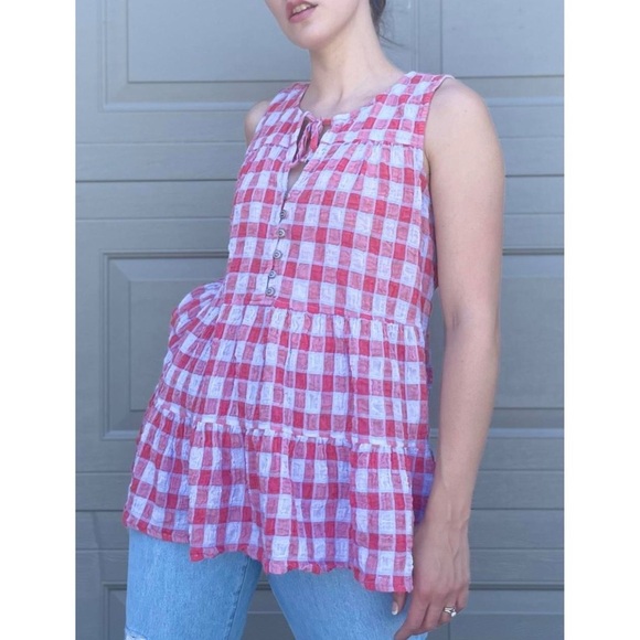 Anthropologie Pilcro‎ & The Letterpress Gingham Neve Tiered Blouse Top, Red - L - Picture 1 of 9
